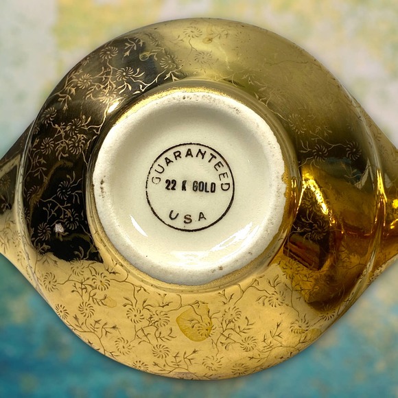 1940s-50s MCM 22k Gold Pearl China Co. Aladdin Sugar & Cream Set Hand Painted - Picture 7 of 10